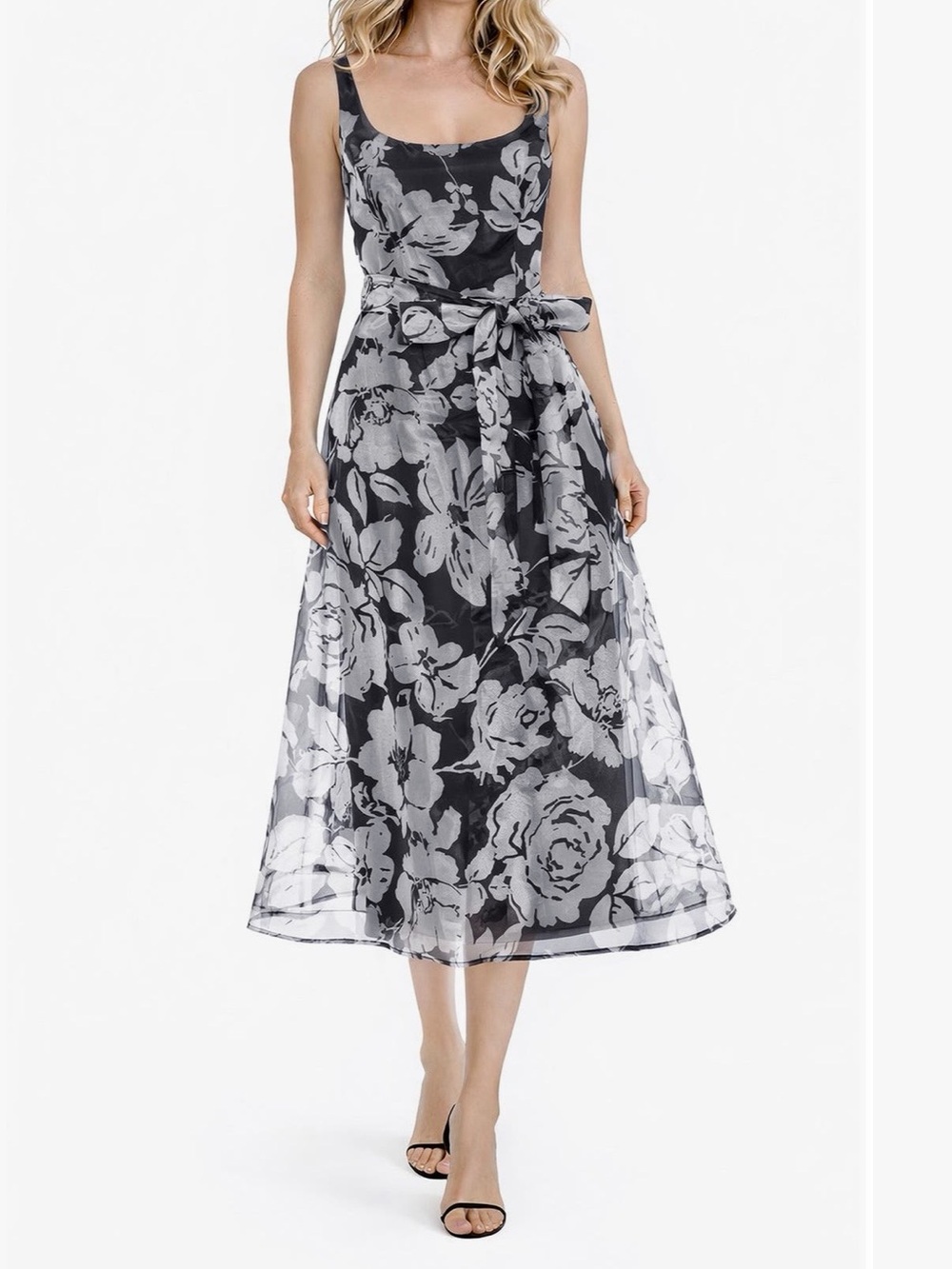 MARINA Black and White Floral Sleeveless Midi Dress